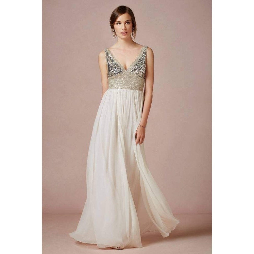 BHLDN Rachel Gilbert Ivory 100% Silk Sequin Beaded Empire Waist Maxi Gown Dress